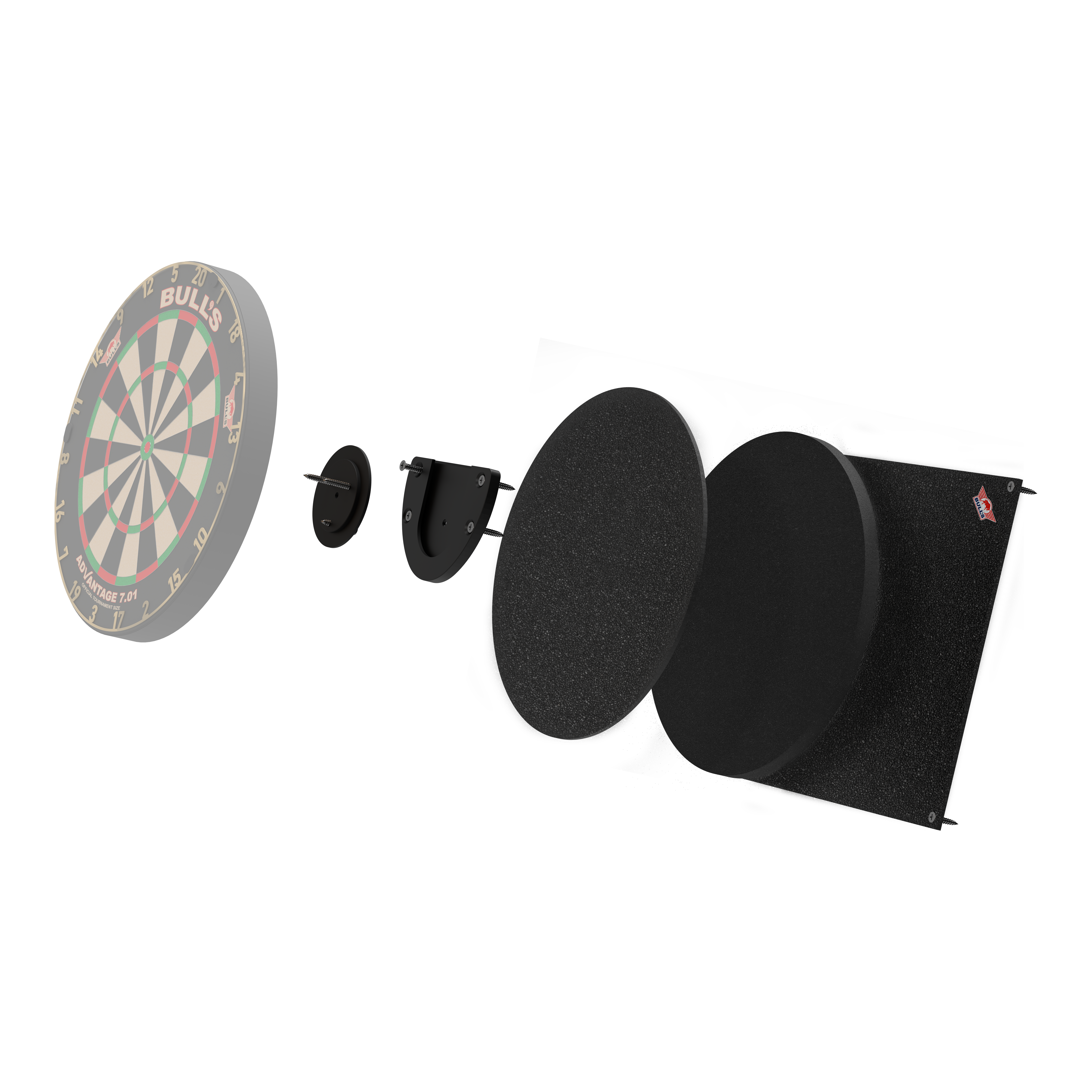 Silenciador de diana Bulls NL Das Bild zeigt das Produkt "Bulls NL Dartboard Silencer" in einer Explosionszeichnung. Die verschiedenen Teile sind einzeln dargestellt, darunter das Dartboard und mehrere schallabsorbierende Schichten.