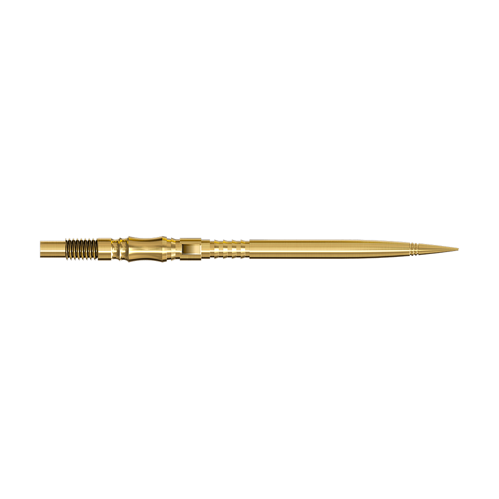 Puntas de dardo Harrows Quick Point Axis Elite Series - Oro Zwei lange, goldene Dartspitzen werden seitlich gezeigt. Beide Spitzen liegen parallel auf einer hellen Fläche.