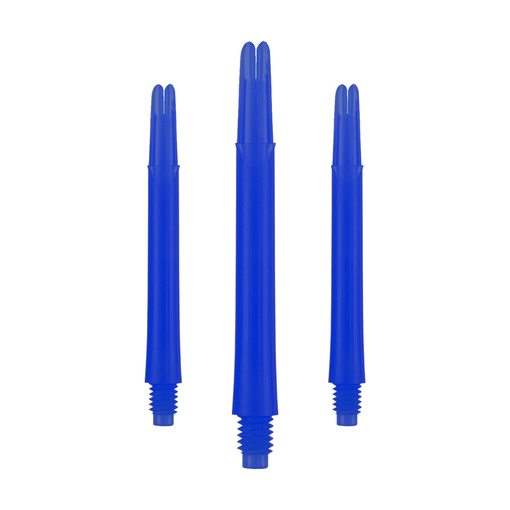 Ejes en L bloqueados rectos estilo L - Azul Auf dem Bild sind drei blaue, gerade Dartschäfte zu sehen. Sie stehen nebeneinander und haben unten ein Schraubgewinde.