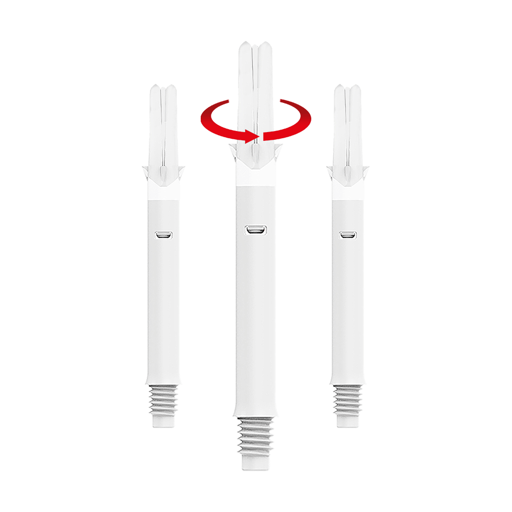 Ejes en L estilo L Silent Straight - Blanco Das Bild zeigt drei weiße Dartshafts mit einem geraden Design. Über dem mittleren Shaft ist ein roter Pfeil zu sehen, der eine Drehbewegung anzeigt.