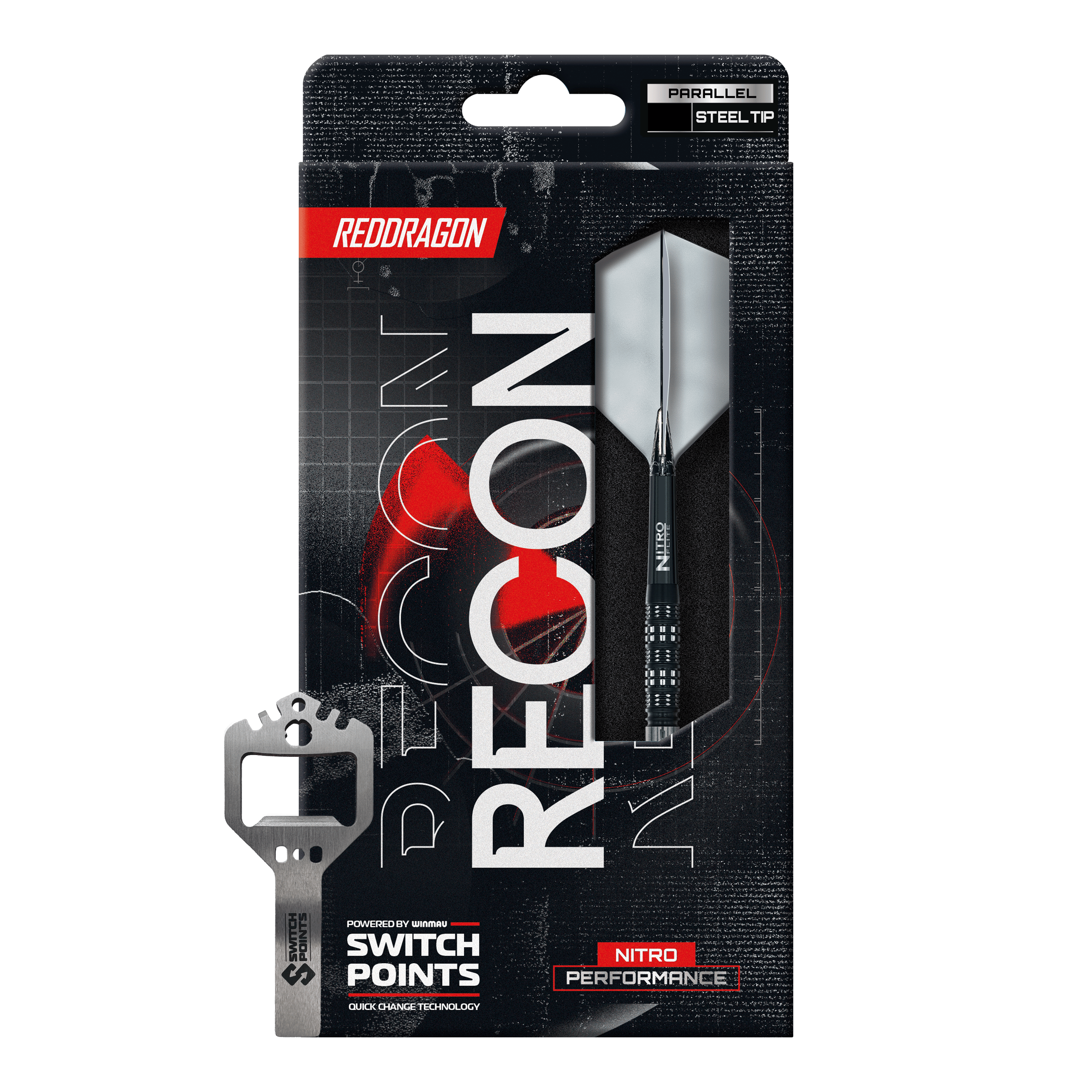 Abgebildet sind die Red Dragon Recon Parallel Steeldarts. Das Bild zeigt das Design und die Form der Steeldarts.