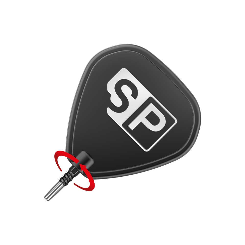 Das Bild zeigt eine schwarze Dartspitze mit dem weißen Aufdruck "SP". Ein roter Pfeil deutet auf eine Drehbewegung hin, vermutlich zum Anbringen oder Entfernen der Spitze.