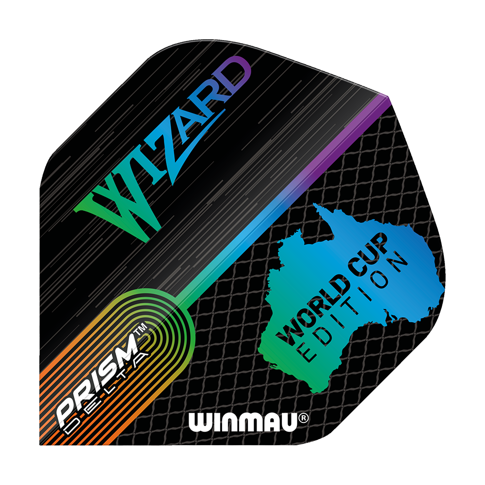 6915-237_Winmau_Simon_Whitlock_World_Cup_Special_Edition_Standard_Flights_1jG6xHhDZ9OGKR Das Bild zeigt das Produkt "Winmau Simon Whitlock World Cup Special Edition Standard Flights". Das Flight-Design ist bunt mit den Aufschriften "Wizard", "World Cup Edition" und "Prism Delta".