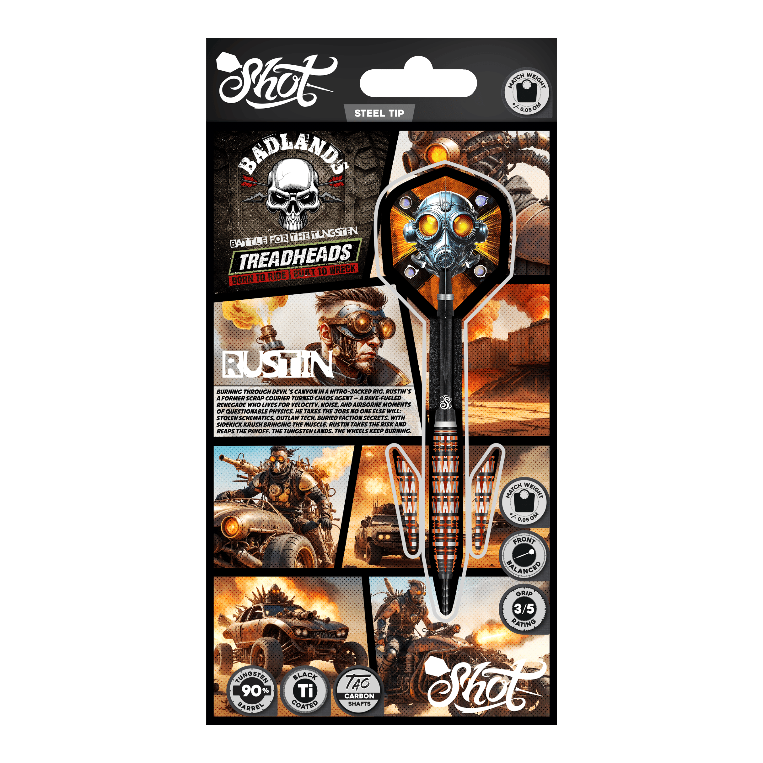 Dardos Shot Badlands Rustin de acero - 23 g Auf dem Foto ist Shot Badlands Rustin Steeldarts - 23g zu sehen. Das Produkt wird aus einer weiteren Ansicht dargestellt.