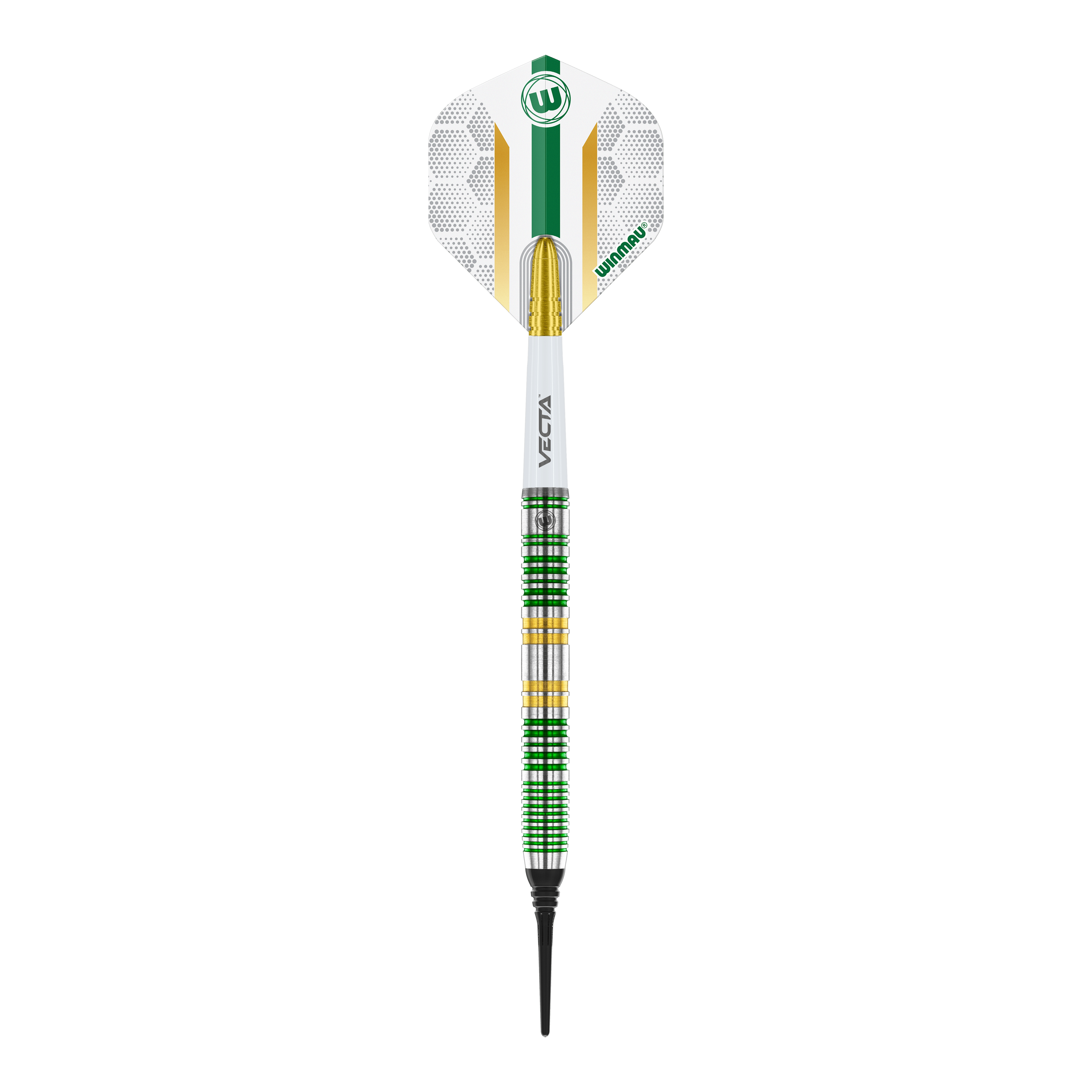Dardos blandos Winmau Xenon - 20 g Dies ist ein Winmau Xenon Softdart mit einem Gewicht von 20 Gramm. Der Dart hat ein modernes Design mit grünen, weißen und goldenen Akzenten.