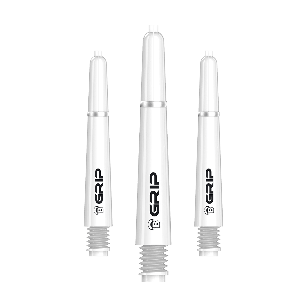 BS55079_Bulls_B-Grip-2_SL_Shafts_Weiss_35mm_1 Das Bild zeigt drei weiße Dartschäfte der Marke Bulls mit der Aufschrift "B GRIP". Die Schäfte sind in unterschiedlichen Längen dargestellt und stehen aufrecht nebeneinander.