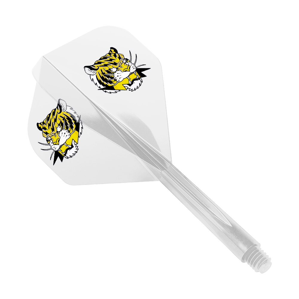 Sistema de vuelo Condor AX Inazuma Tiger Mix Amarillo Claro - Estándar Das Bild zeigt das Produkt "Condor AXE Inazuma Tiger Mix Flight-System Yellow Clear - Standard". Auf dem weißen Flight sind zwei gelbe Tigerköpfe abgebildet.