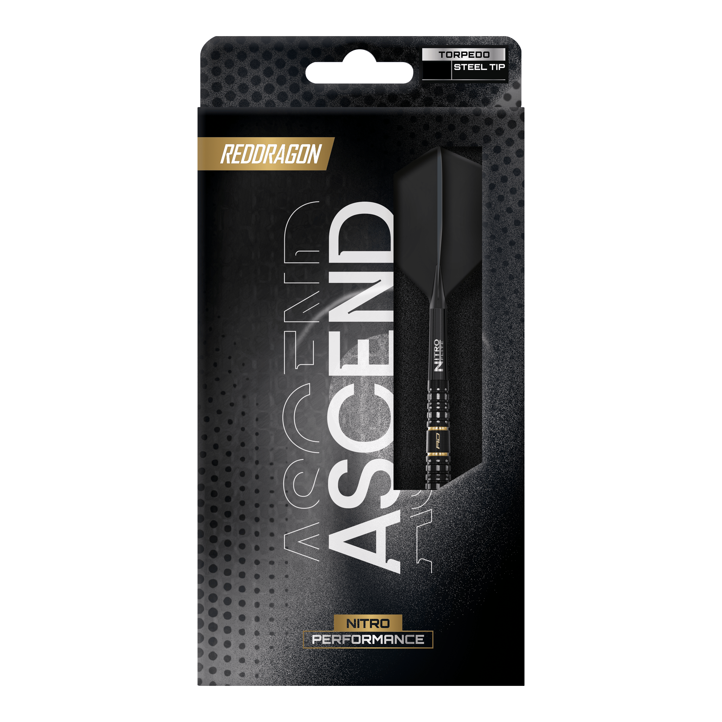 Dardos de acero Torpedo Ascend de Red Dragon Dargestellt sind die Red Dragon Ascend Torpedo Steeldarts. Das Bild fokussiert auf die Form und Struktur der Darts.