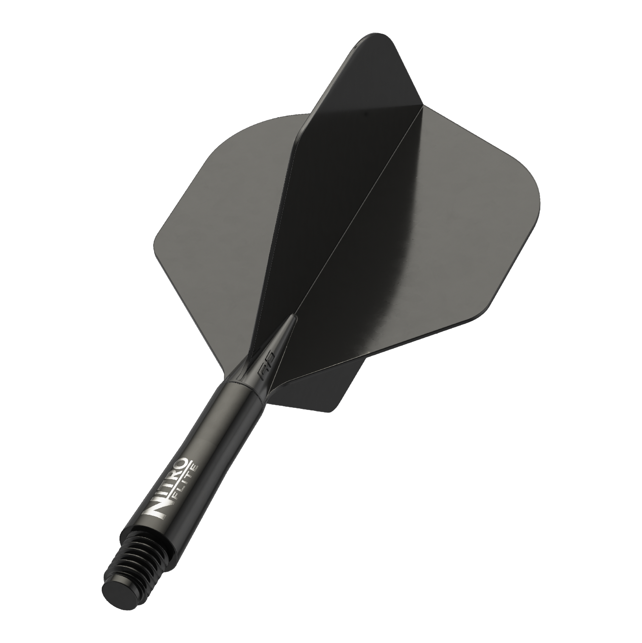 Red Dragon Nitroflite - Eje negro, plumas negras nº 2 Auf dem Bild ist ein schwarzer Dart-Schaft mit schwarzen Flights zu sehen. Auf dem Schaft steht der Schriftzug "NITRO FLITE".