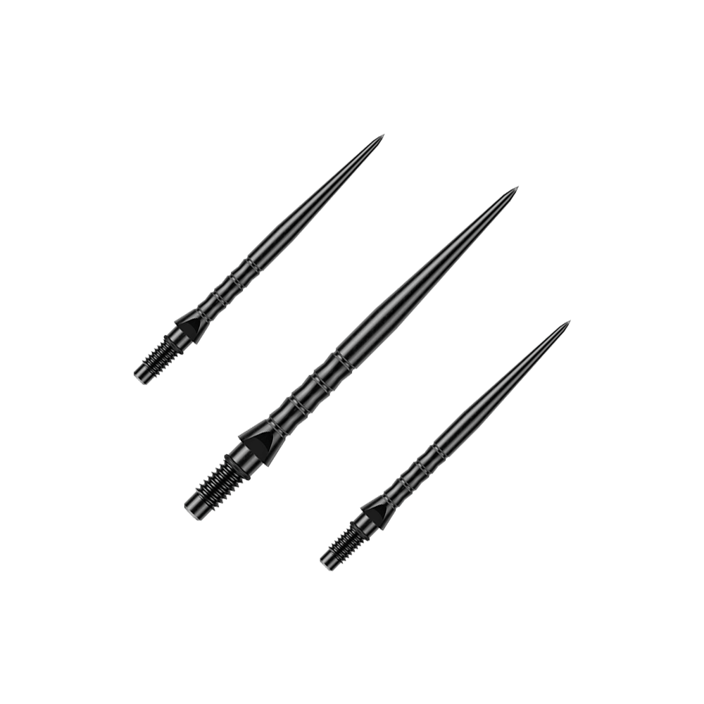 Abgebildet ist ein Set von schwarzen Steeldartspitzen mit Wave-Struktur. Enthalten ist vermutlich eine 30 mm lange Variante.
