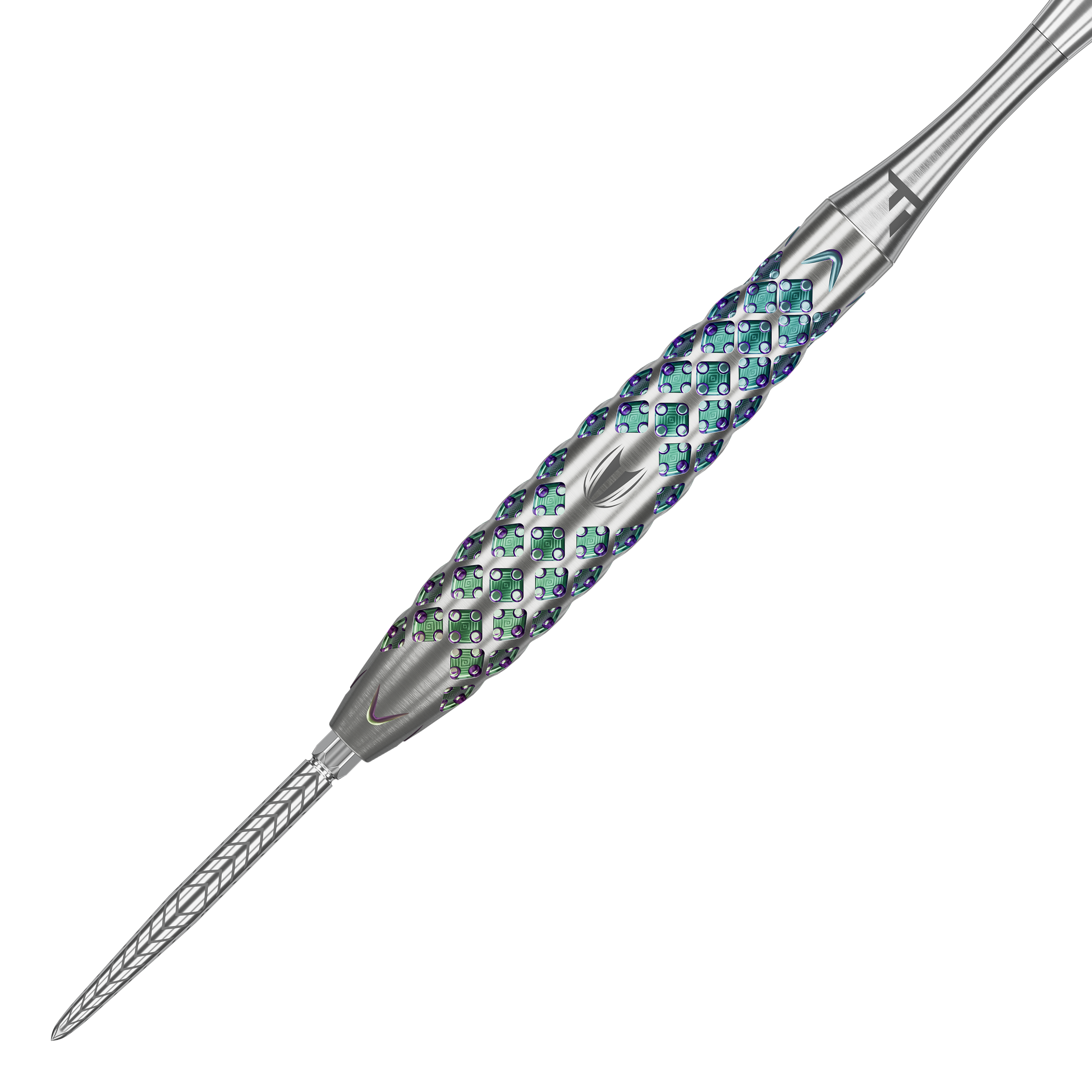Dardos de acero Target Rove 02 Swiss Point Das Bild zeigt einen Target Rove 02 Swiss Point Steeldart. Der Dartpfeil hat ein silbernes Gehäuse mit auffälligem, farbigem Muster und präziser Gravur.