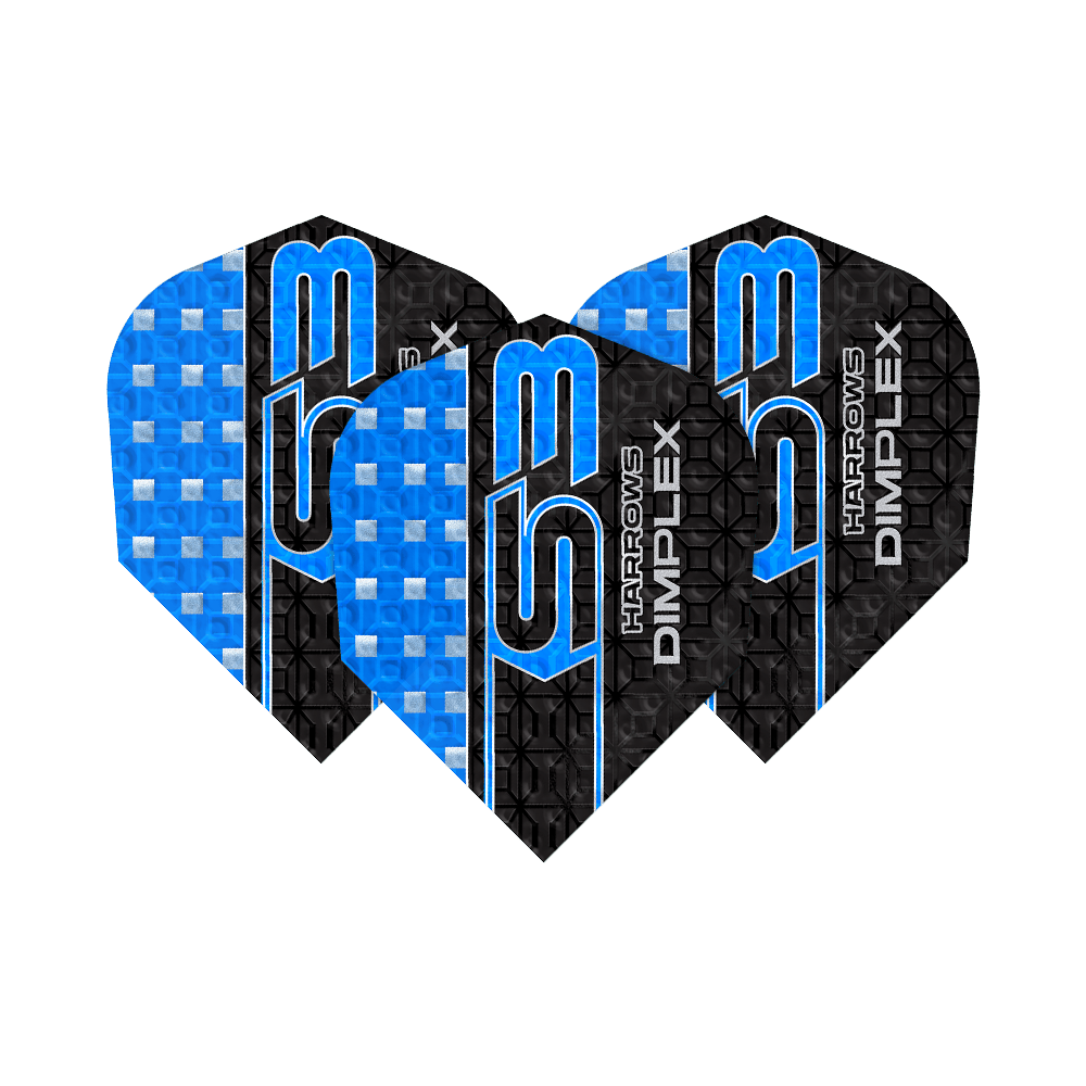 Vuelos Harrows Dimplex S3 - Azul Das Bild zeigt drei blaue Harrows Dimplex S3 Flights für Darts. Die Flights haben ein auffälliges Design mit blauen und schwarzen Mustern sowie der Aufschrift "S3" und "Dimplex".