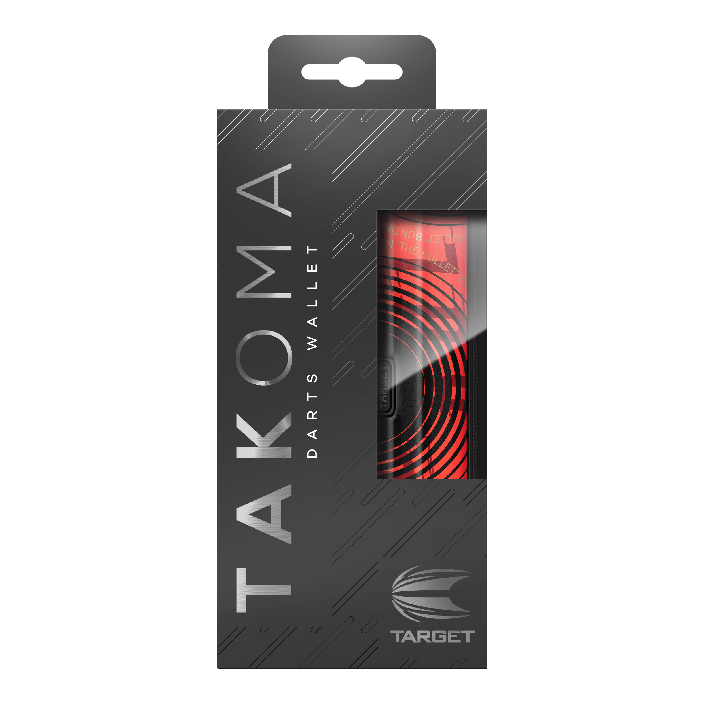 Estuche para dardos Target Takoma Stephen Bunting Die Abbildung zeigt die Verpackung des Produktes „Target Takoma Stephen Bunting Dartcase“. Das Etui ist rot-schwarz gestaltet und befindet sich in einer eleganten, schwarzen Box mit Sichtfenster.