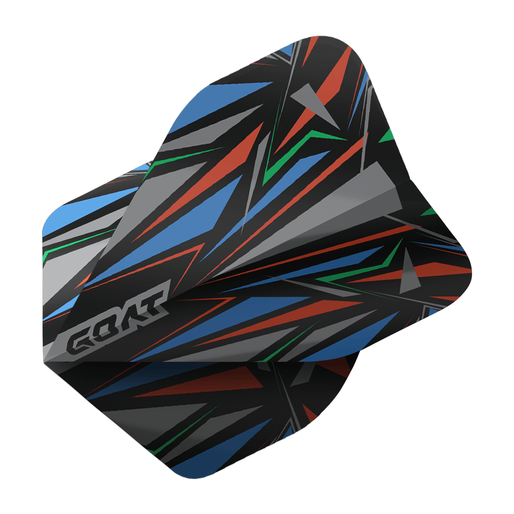 Vuelos estándar GOAT Athlete Black No2 Das Bild zeigt das Produkt "GOAT Athlete Black No2 Standard Flights". Das Flight hat ein auffälliges, geometrisches Muster in Schwarz, Blau, Rot, Grün und Grau.