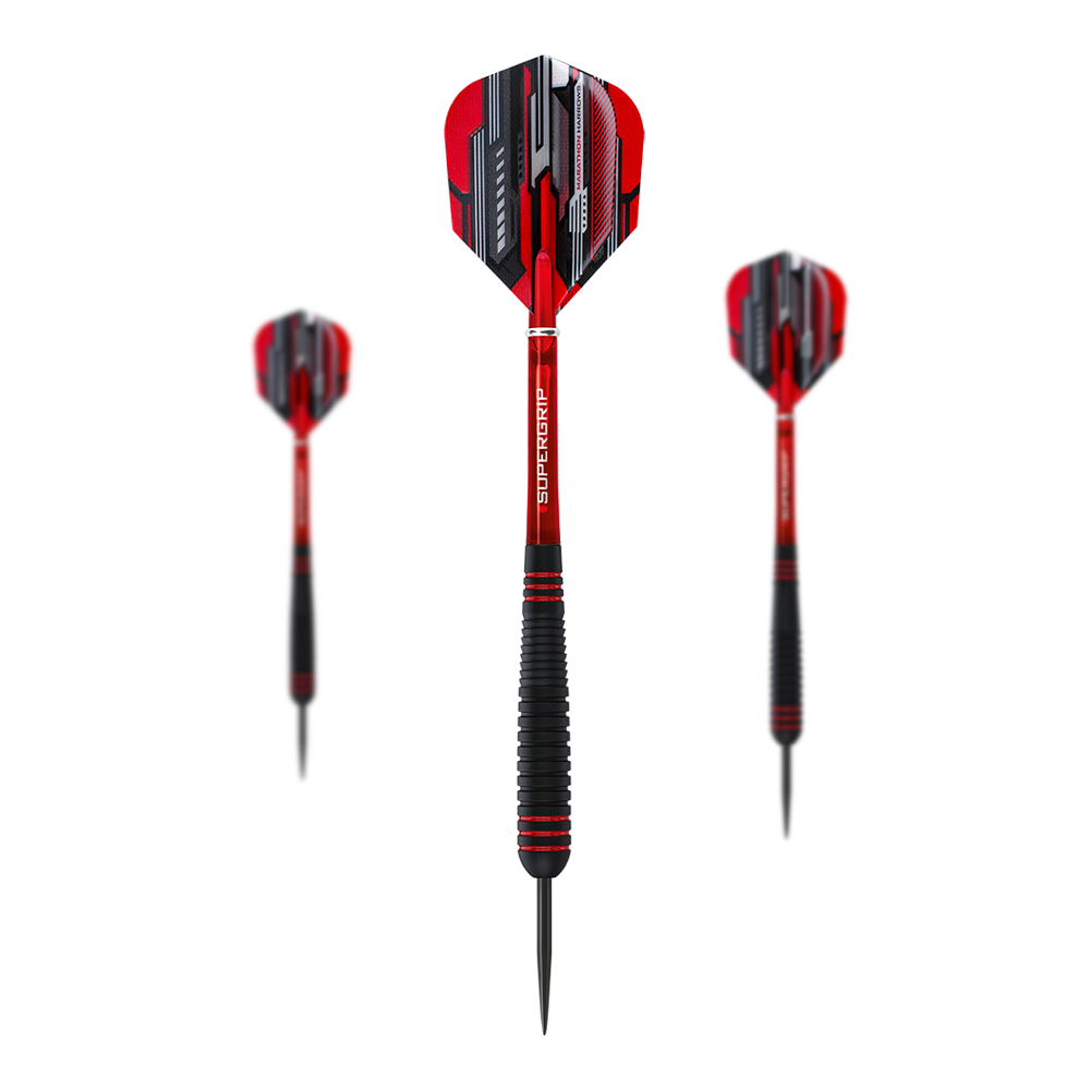 Harrows ACE Rubber Grip Steeldarts Das Bild zeigt drei Steeldarts des Modells "Harrows ACE Rubber Grip". Die Darts haben rote und schwarze Flights sowie einen schwarzen Griffbereich.
