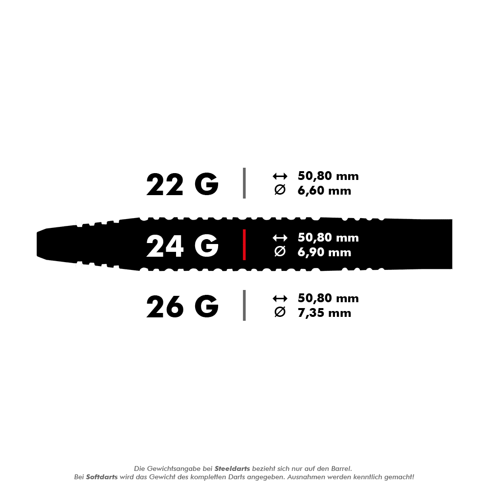 Dardos de acero originales Red Dragon Jonny Clayton 2 Das Bild zeigt drei verschiedene Gewichte von Steeldarts: 22g, 24g und 26g, jeweils mit ihren Längen und Durchmessern. Die Maße sind für alle Längen gleich (50,80 mm), während sich die Durchmesser je nach Gewicht unterscheiden.