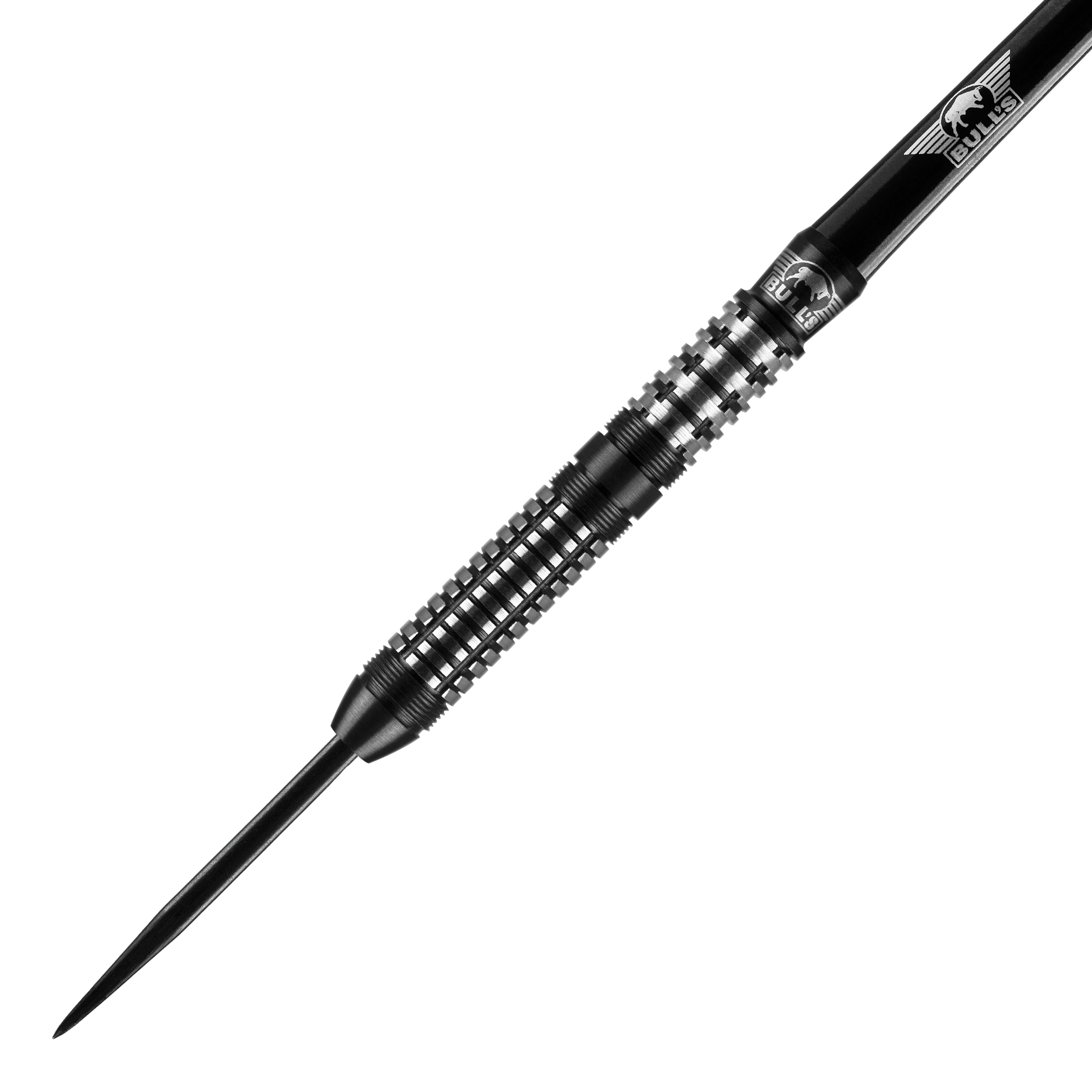 Dardos de acero Bulls NL Luna Neoma Das Bild zeigt einen Bulls NL Luna Neoma Steeldart. Der Dartpfeil ist schwarz-silbern und hat ein feines, geriffeltes Griffdesign.