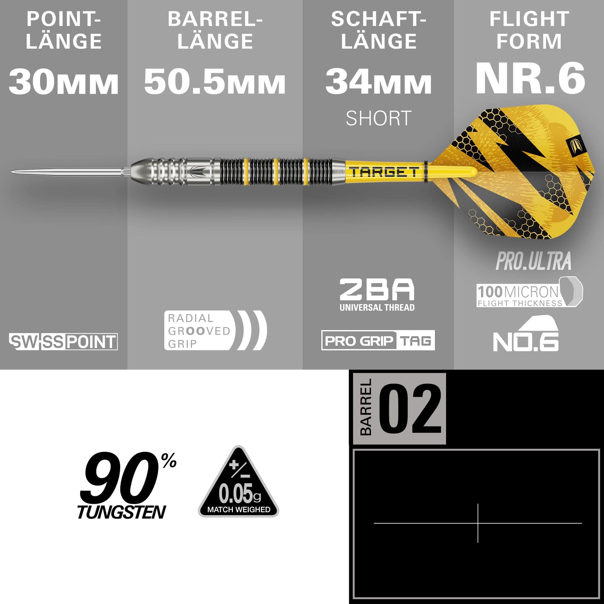 Dardos de acero Target Buzz 02 Swiss Points Hier sieht man die Target Buzz 02 Swiss Points Steeldarts. Die Darts sind deutlich und im Detail abgebildet.
