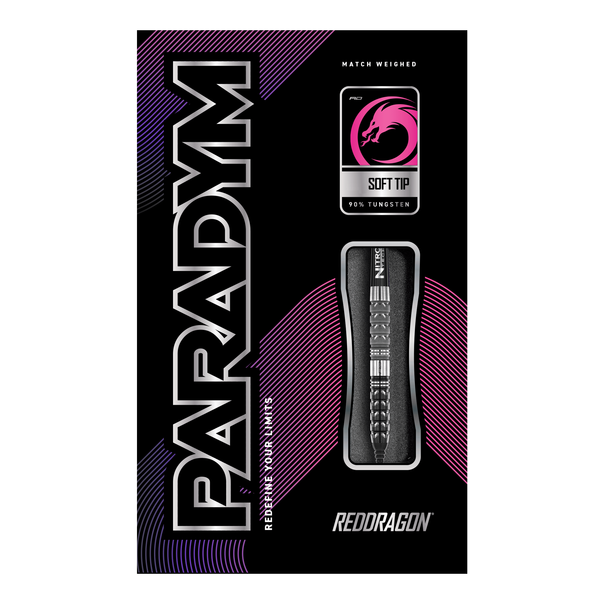 Dardos blandos cónicos Red Dragon Paradym - 20 g Das Bild zeigt die Verpackung der "Red Dragon Paradym Tapered Softdarts - 20g". Die Verpackung ist schwarz mit auffälligen pinken und silbernen Akzenten und zeigt den Dartpfeil und das Red Dragon Logo.