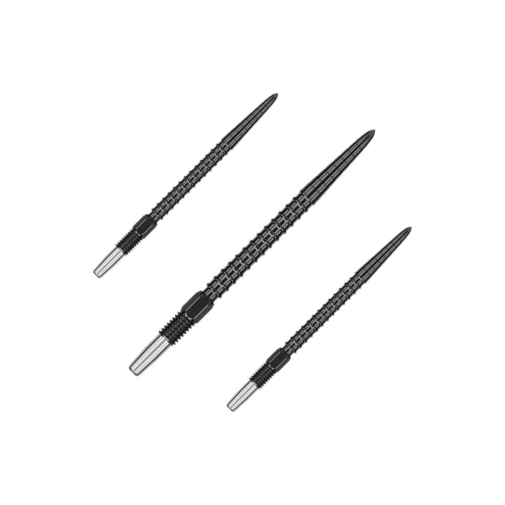 Das Bild zeigt drei schwarze Dartspitzen mit einem strukturierten Muster. Sie sind spitz zulaufend und haben ein silbernes Endstück.
