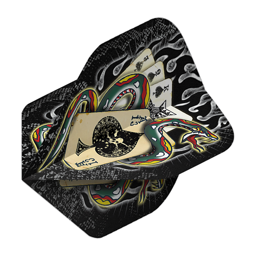 Serpiente de Espadas Alquímica No2 Vuelos Estándar Das Bild zeigt die „Alchemy Snake Of Spades No2 Standard Flights“. Das Design zeigt eine bunte Schlange, die sich um Spielkarten windet, vor einem schwarzen Hintergrund mit Flammenmotiven.