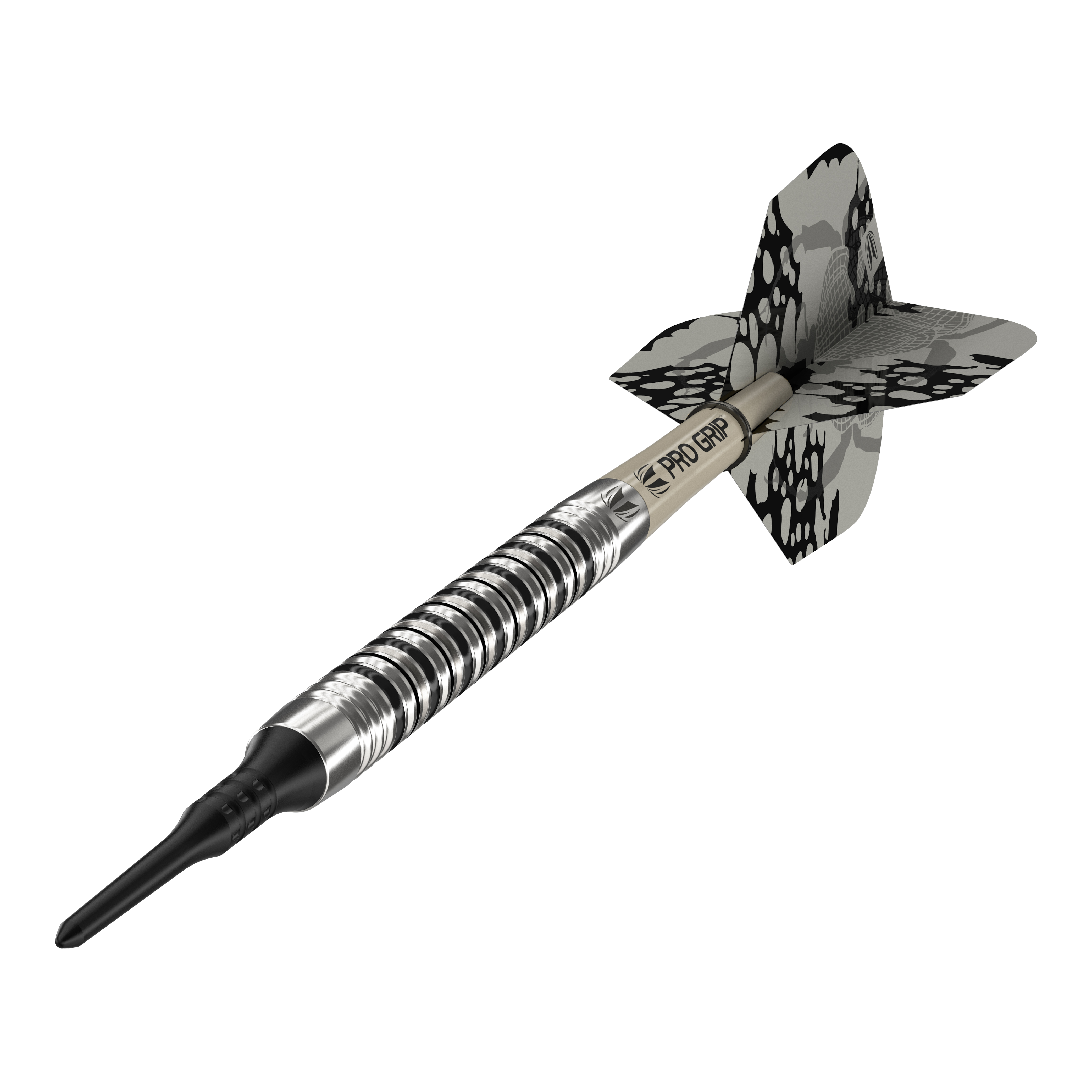 Dardos blandos Target EXO 11 Das Bild zeigt den Softdart "Target EXO 11". Er hat ein silber-schwarzes Design mit einem gemusterten Flight und einem Pro Grip Schaft.