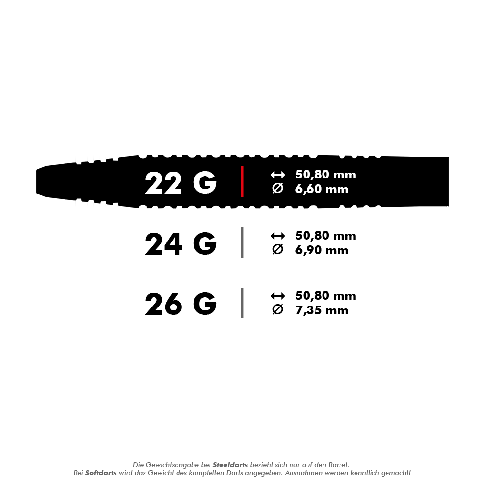 Dardos de acero originales Red Dragon Jonny Clayton 2 Das Bild zeigt die Maße und Gewichte von Steeldarts in drei Varianten: 22 g, 24 g und 26 g. Für jede Variante sind die Länge (50,80 mm) und der Durchmesser (zwischen 6,60 mm und 7,35 mm) angegeben.