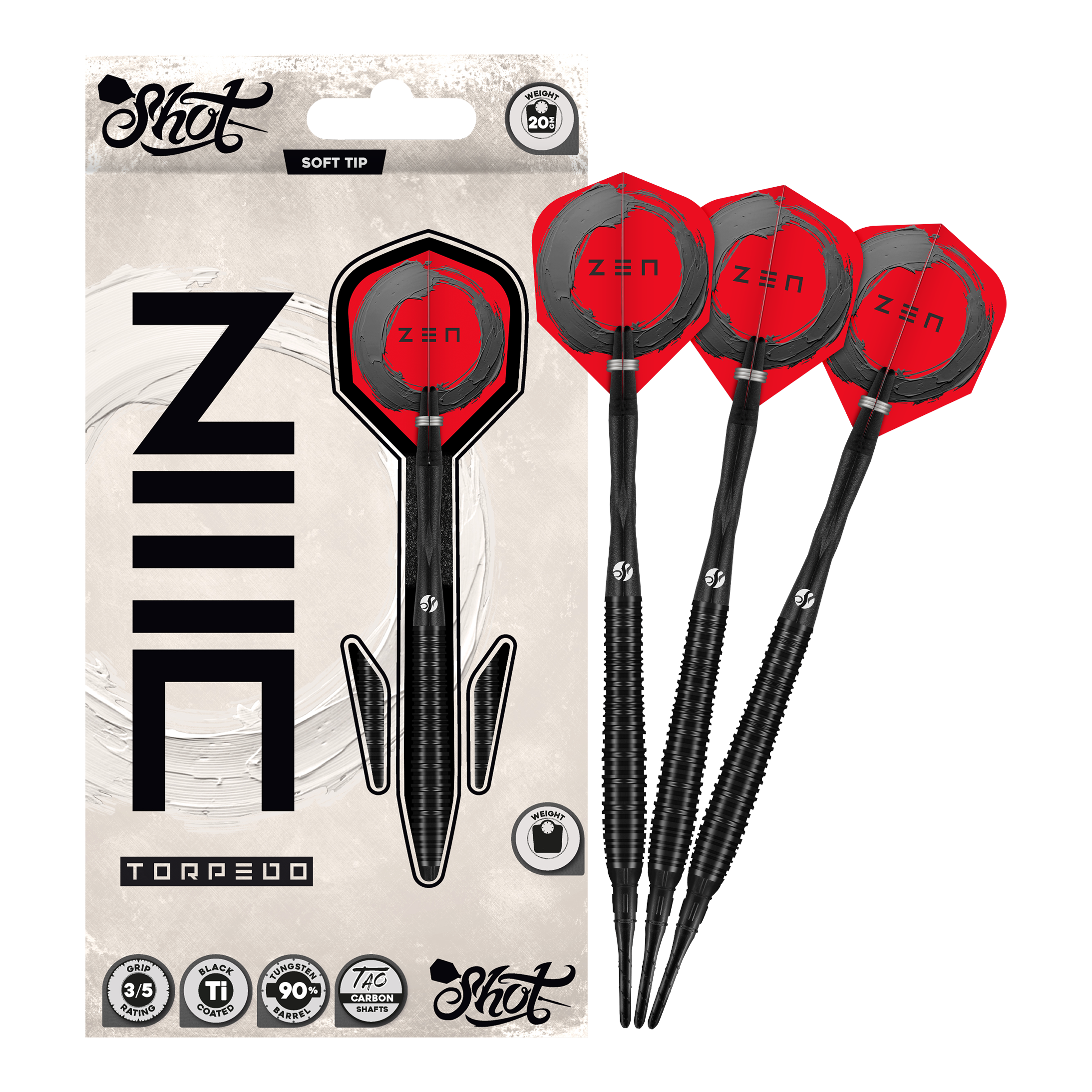 Dardos blandos Shot ZEN Torpedo - 20 g Abgebildet sind die Shot ZEN Torpedo Softdarts - 20g in voller Länge. Der Dart ist für Präzision Wurftechnik bekannt.
