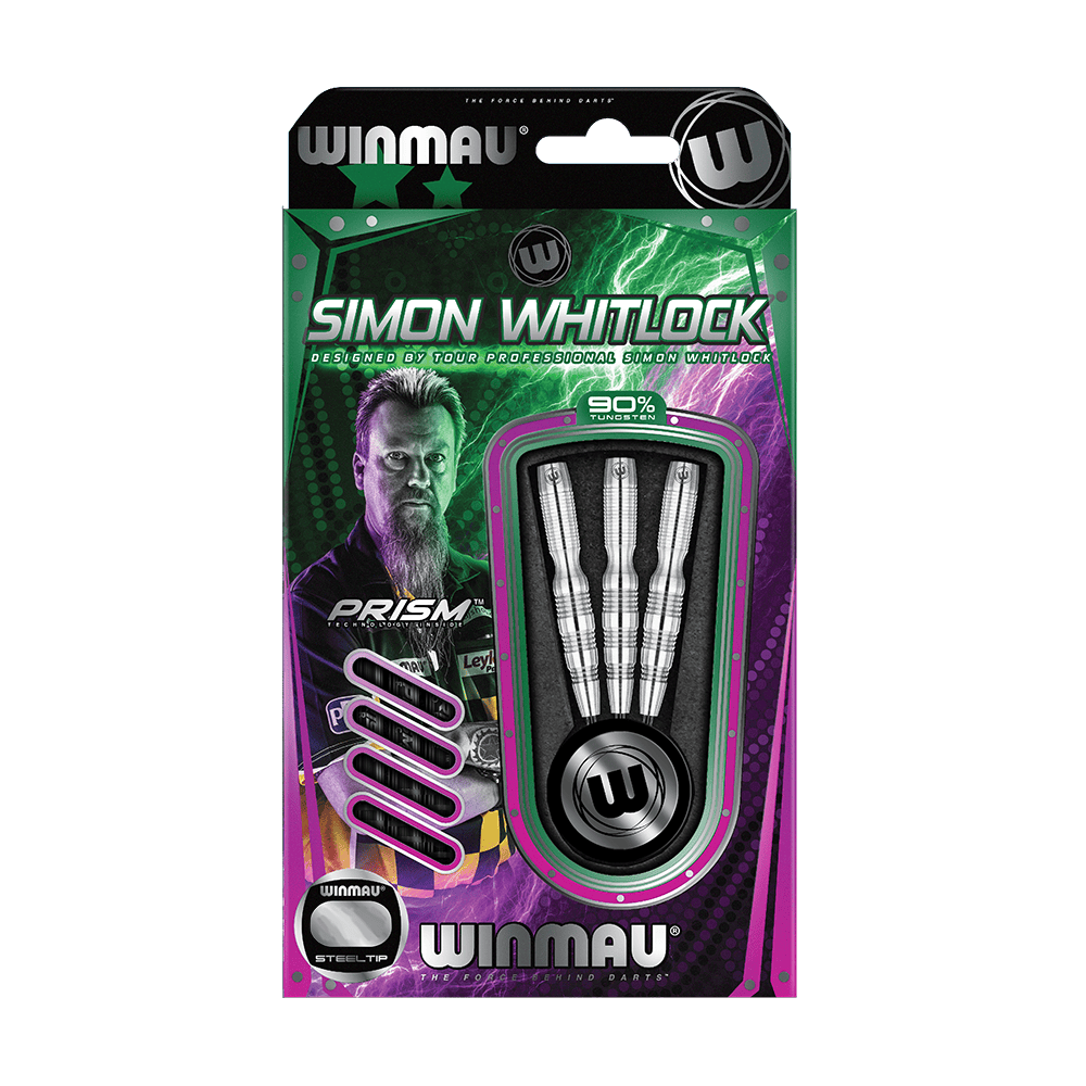 1042_Winmau_Simon_Whitlock_90_Tungsten_2018_Steeldarts_3EO71UGQCbAW0j Auf dem Bild ist eine Packung mit "Winmau Simon Whitlock 90% Tungsten Steeldarts" zu sehen. Die Verpackung zeigt drei silberne Steeldarts und ein Bild von Simon Whitlock.