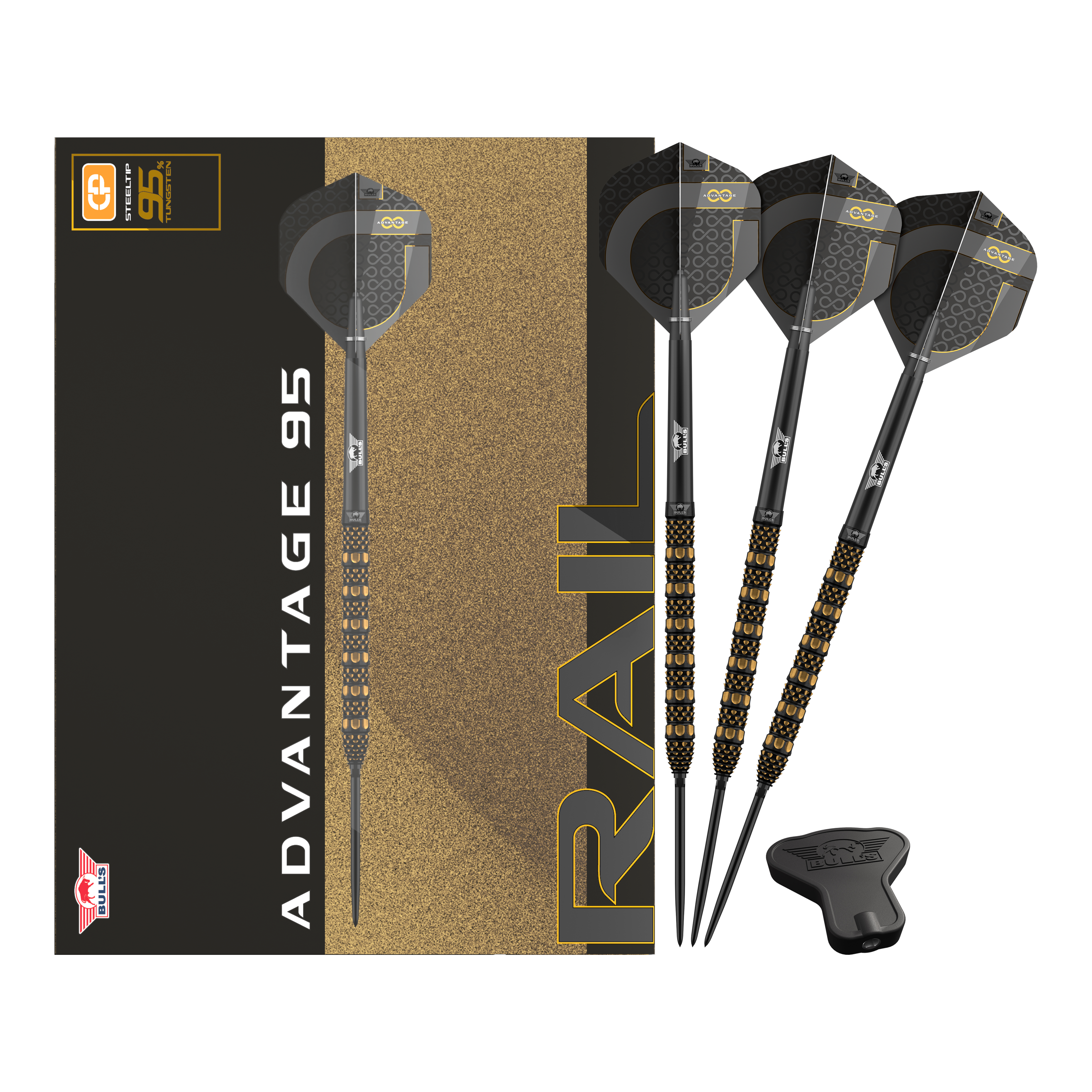 Dardos de acero con punta convertible Bulls NL Advantage 95 Zu sehen ist das Produkt Bulls NL Advantage 95 Rail Convertible Point Steeldarts. Verschiedene Ansichten sind dargestellt.