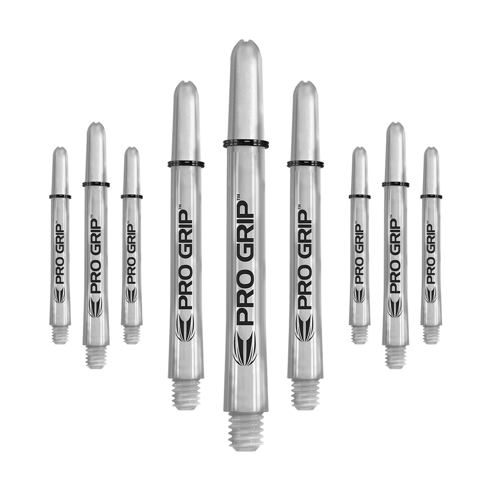 Varillas Target Pro Grip - 3 juegos - Transparentes Das Bild zeigt neun transparente Pro Grip Shafts für Dartpfeile. Die Shafts haben eine Länge von 48 mm und sind mit schwarzem Schriftzug und Logo versehen.