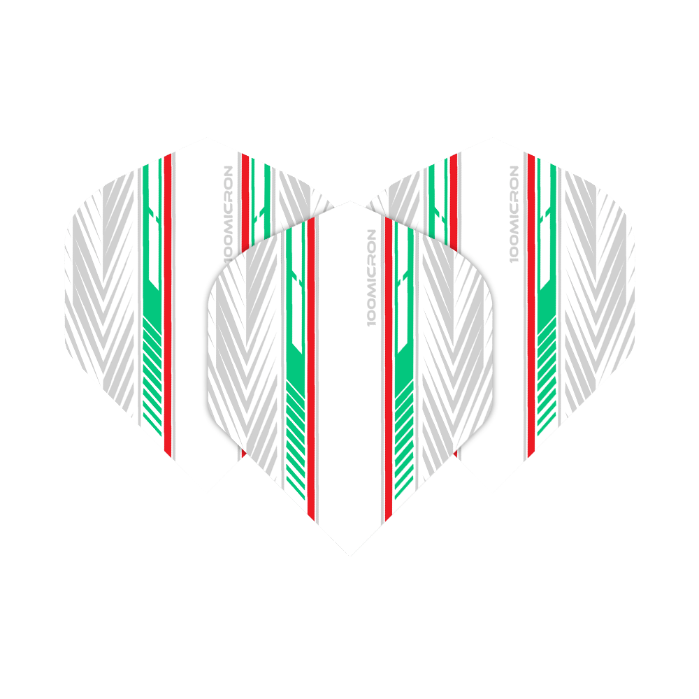 Vuelos de pentatlón blanco/verde/rojo Das Bild zeigt die "Pentathlon White Green Red No2 Standard Flights" für Dartpfeile. Die Flights sind weiß mit auffälligen grünen, roten und silbernen Streifen gestaltet.