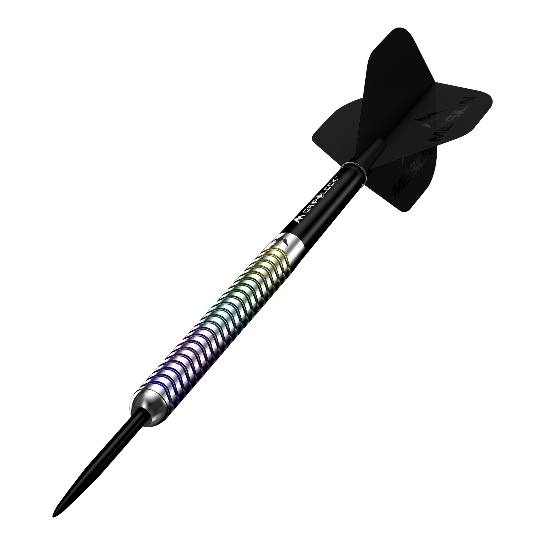 Dardos de acero Mission Mirage Mission Mirage Steeldarts sind Profi-Darts für anspruchsvolle Spieler. Die Abbildung präsentiert das Set aus mehreren Perspektiven.