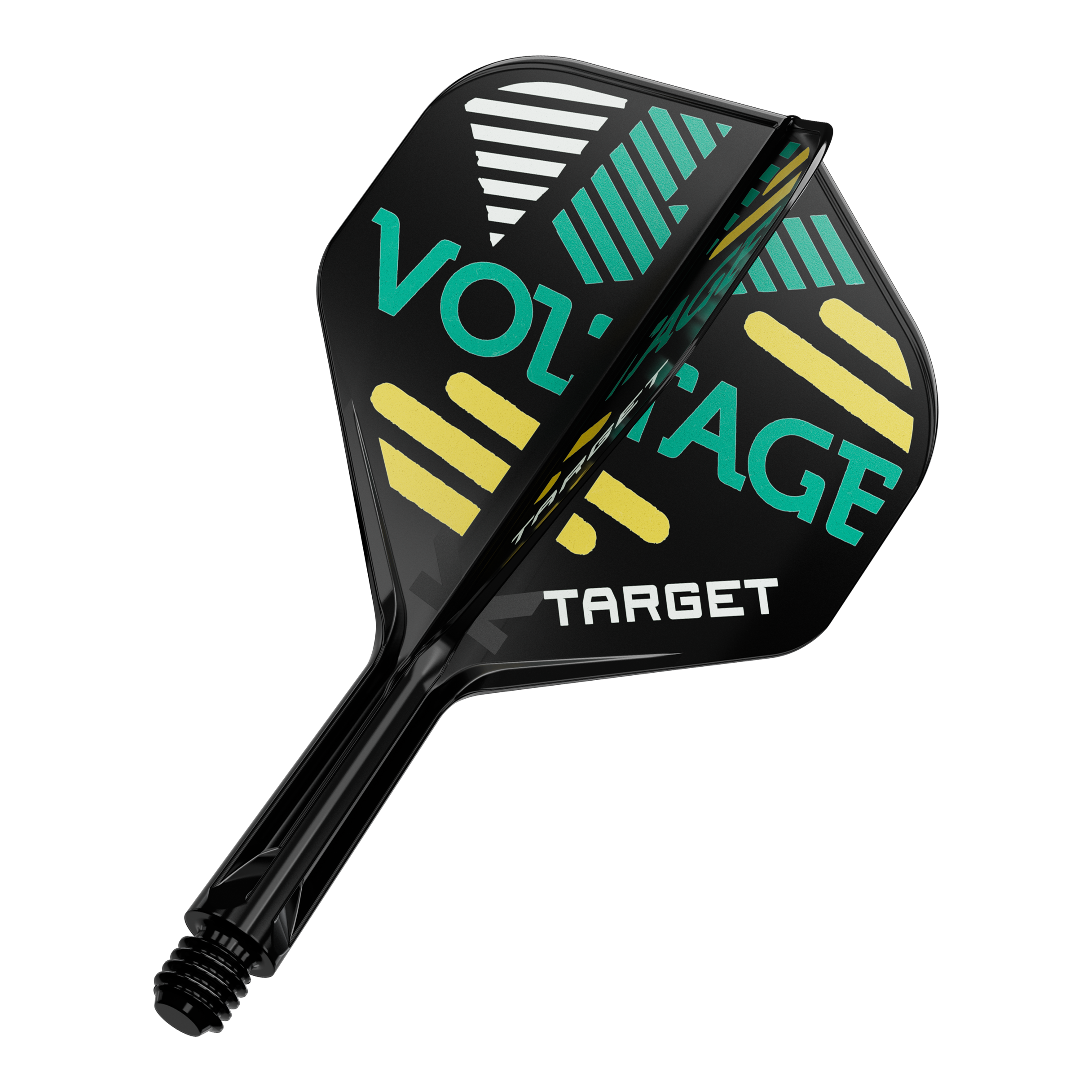 Sistema de eje de vuelo estándar Target K-Flex Rob Cross No2 Das Bild zeigt ein Dartflight- und Shafts-Set in Schwarz mit bunten grafischen Elementen und der Aufschrift „VOLTAGE“ sowie „TARGET“. Das Design besteht aus gelben, grünen und weißen Streifen auf den Flügeln des Flights.