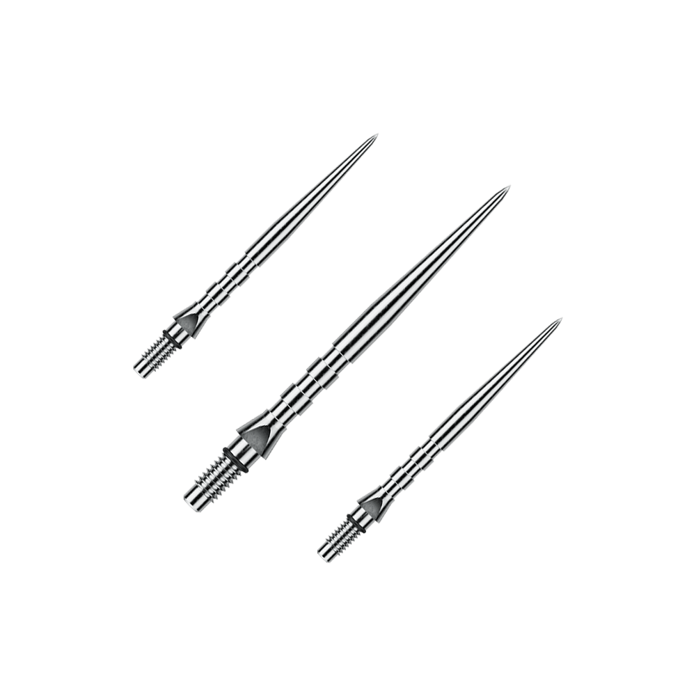 Das Foto stellt ein Set von Winmau Switch Point Groove Steeldartspitzen mit 30mm Länge dar. Mehrere silberne Spitzen liegen nebeneinander.