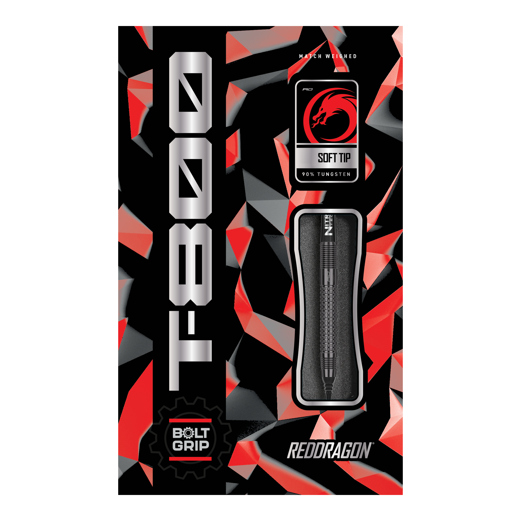 Dardos blandos Red Dragon T-800 - 20 g Hier ist das Produkt "Red Dragon T-800 Softdarts - 20g" abgebildet. Die Verpackung ist in Rot, Schwarz und Silber gestaltet und zeigt einen Softdart mit 90% Tungsten.