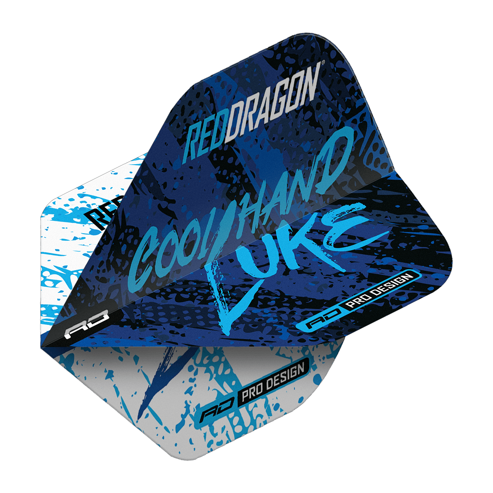 Vuelos estándar Red Dragon Luke Humphries, campeón mundial, azul, blanco y Yin Yang Das Bild zeigt ein Dart-Flight im Design "Red Dragon Luke Humphries World Champion Blue White Yin Yang Standard Flights". Auf dem Flight stehen die Worte "Cool Hand Luke" in blauer Schrift auf einem blau-weißen Hintergrund.