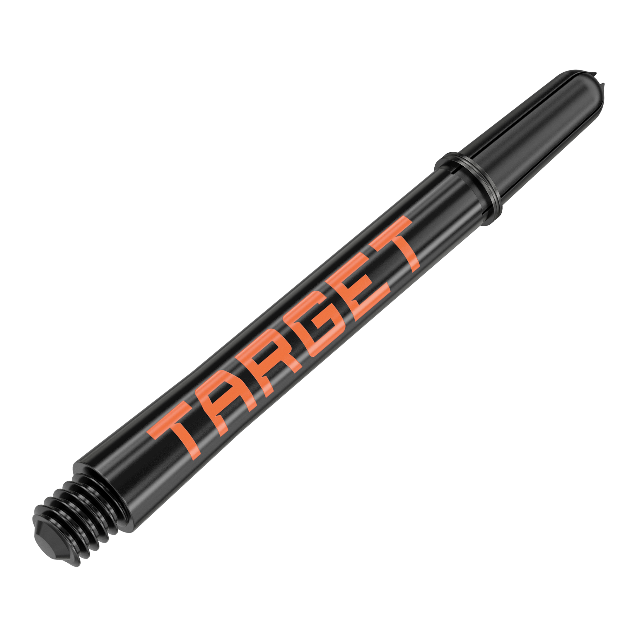 Varillas Target Pro Grip TAG - 3 juegos - Negro Naranja Das Bild zeigt einen schwarzen Dart-Schaft mit orangener Aufschrift "TARGET". Der Schaft hat eine Länge von 48 mm und ist für den Dartsport geeignet.