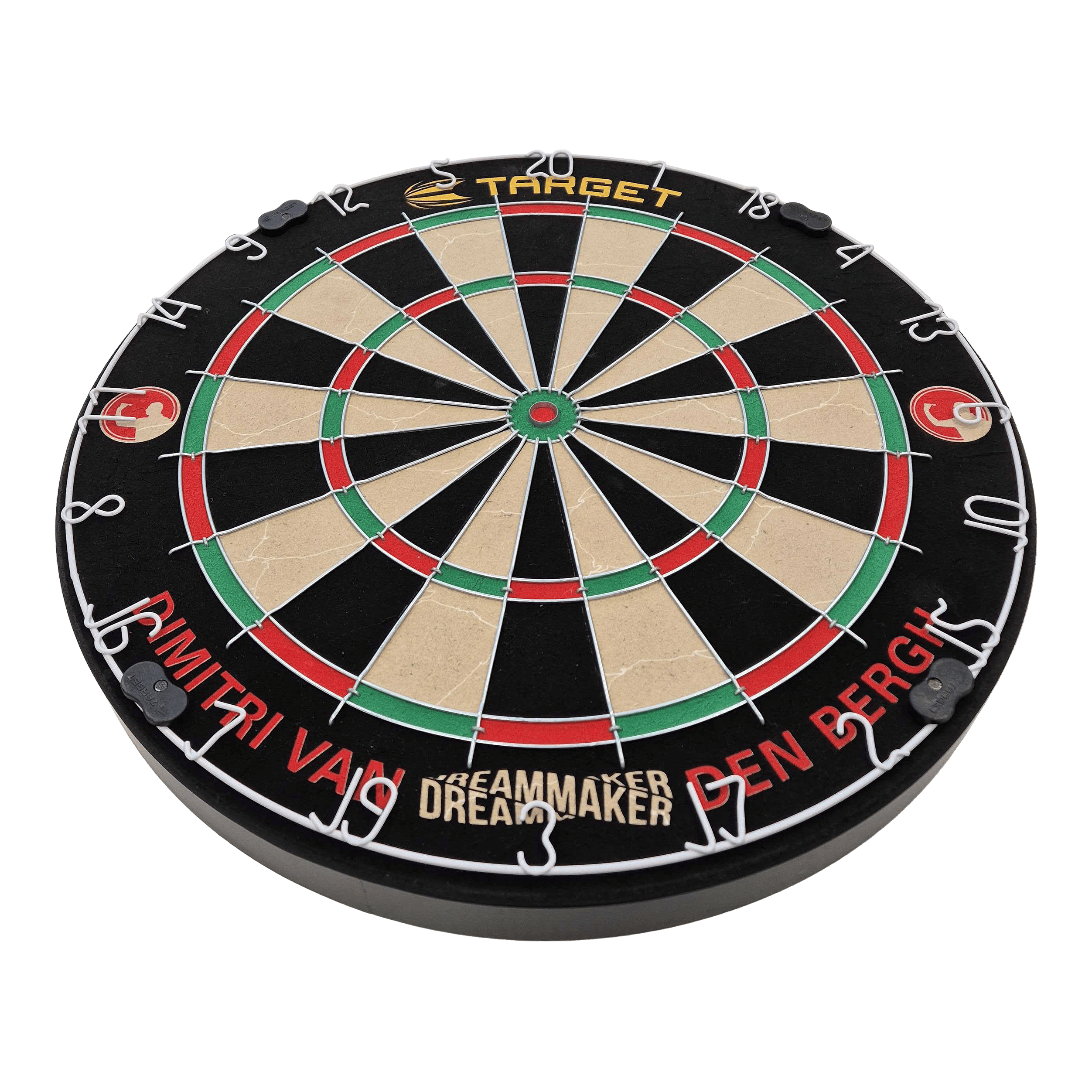 Juego de dianas de acero Target Dimitri Van Den Bergh Das Bild zeigt eine Steeldart-Scheibe mit farbigen Feldern und Metallabtrennungen. Am Rand steht der Name "Dimitri Van Den Bergh" sowie der Schriftzug "Dreammaker".