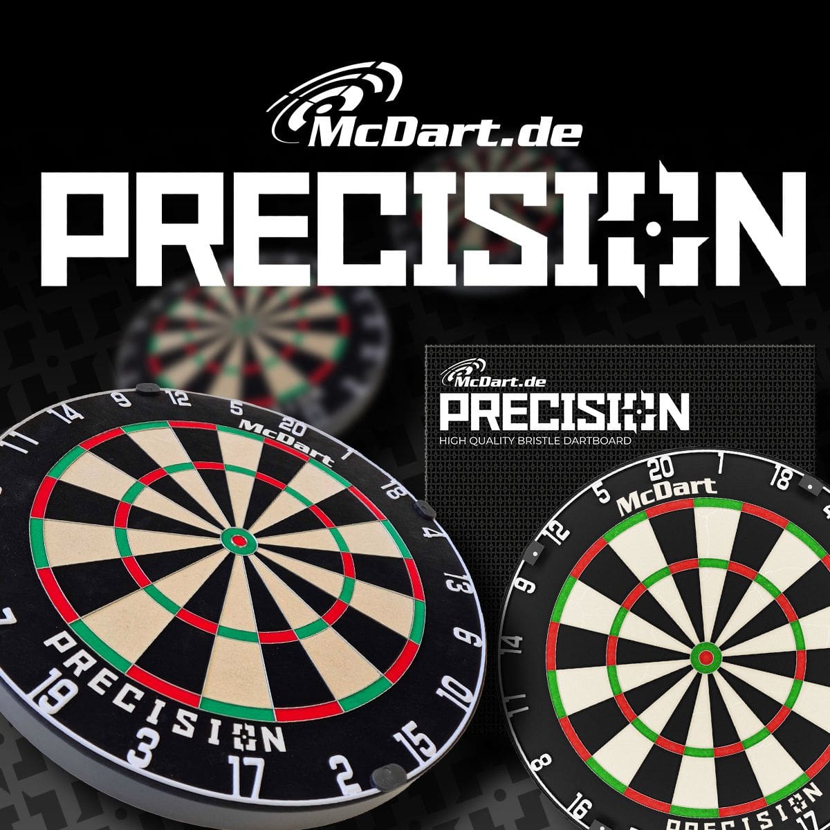 Diana de acero McDart Precision Das Bild zeigt das Produkt „McDart Precision Steeldartboard“ mit mehreren abgebildeten Dartboards. Im Hintergrund ist der Markenname und das Wort „PRECISION“ groß angezeigt.