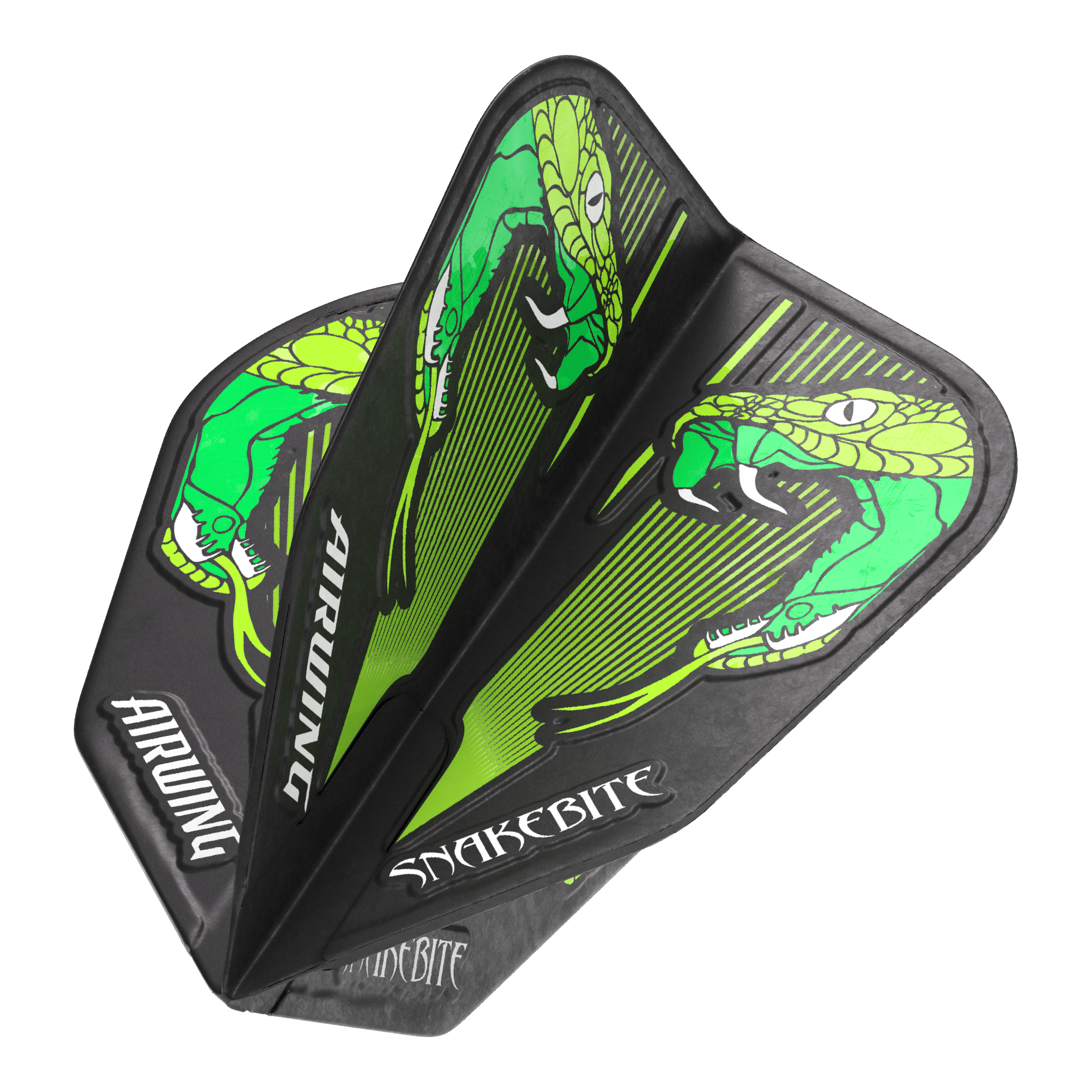 Vuelos del Red Dragon Airwing Peter Wright Green V-Standard Das Bild zeigt die "Red Dragon Airwing Peter Wright Green V-Standard Flights" mit einem grünen Schlangenmuster. Auf den Flights stehen die Wörter "Airwing" und "Snakebite".