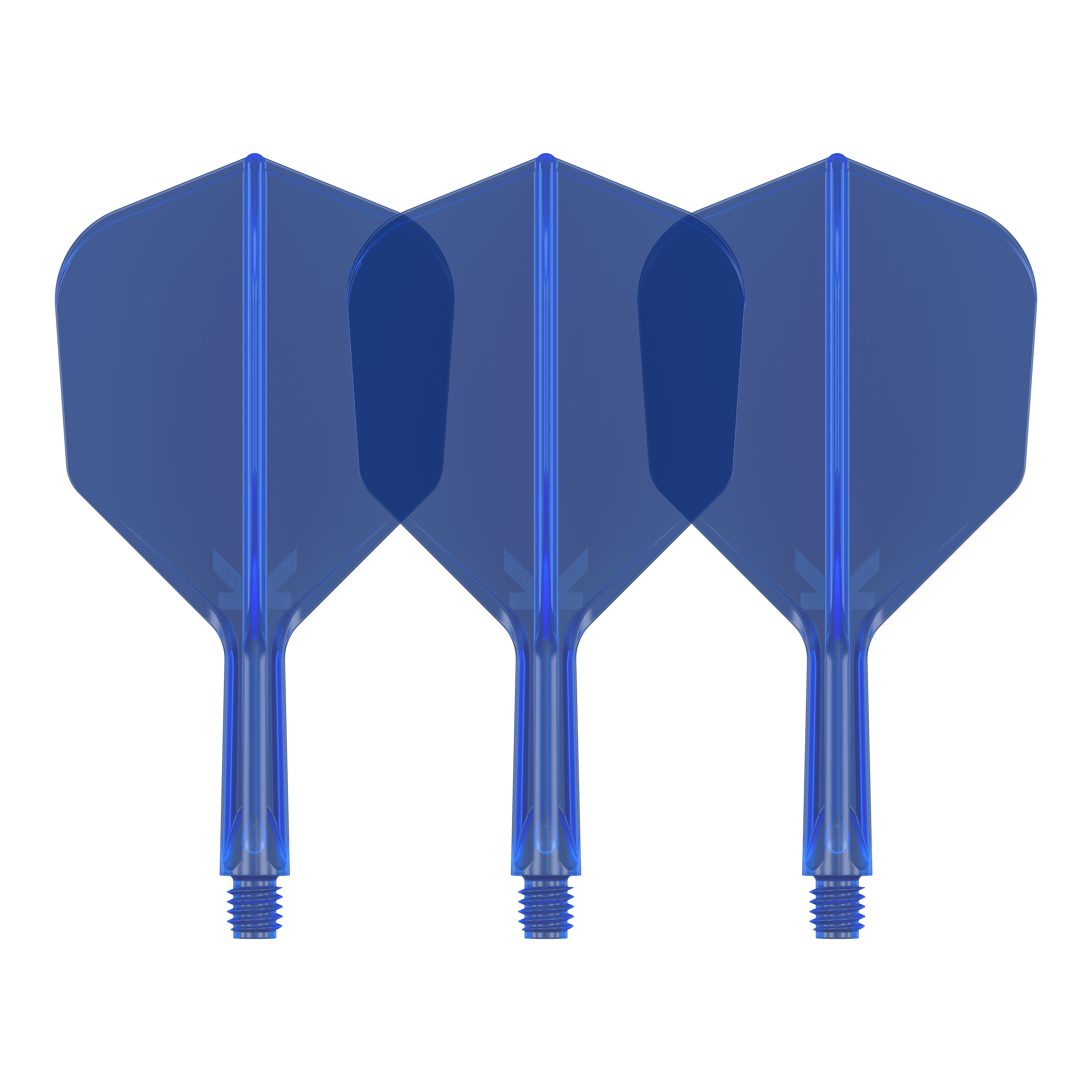 Sistema de vuelo Target K-Flex No6 - Azul Auf dem Bild sind drei blaue Dartflights zu sehen. Sie stehen nebeneinander und haben eine sechseckige Form.