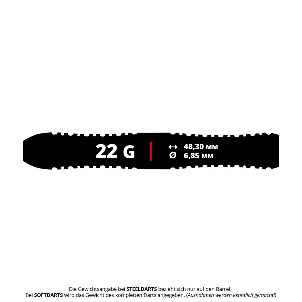 Dardos de acero Red Dragon Jason Watt - 22 g Das Bild zeigt das Produkt "Red Dragon Jason Watt Steeldarts - 22g". Der Dart hat ein Gewicht von 22 Gramm, eine Länge von 48,30 mm und einen Durchmesser von 6,85 mm.