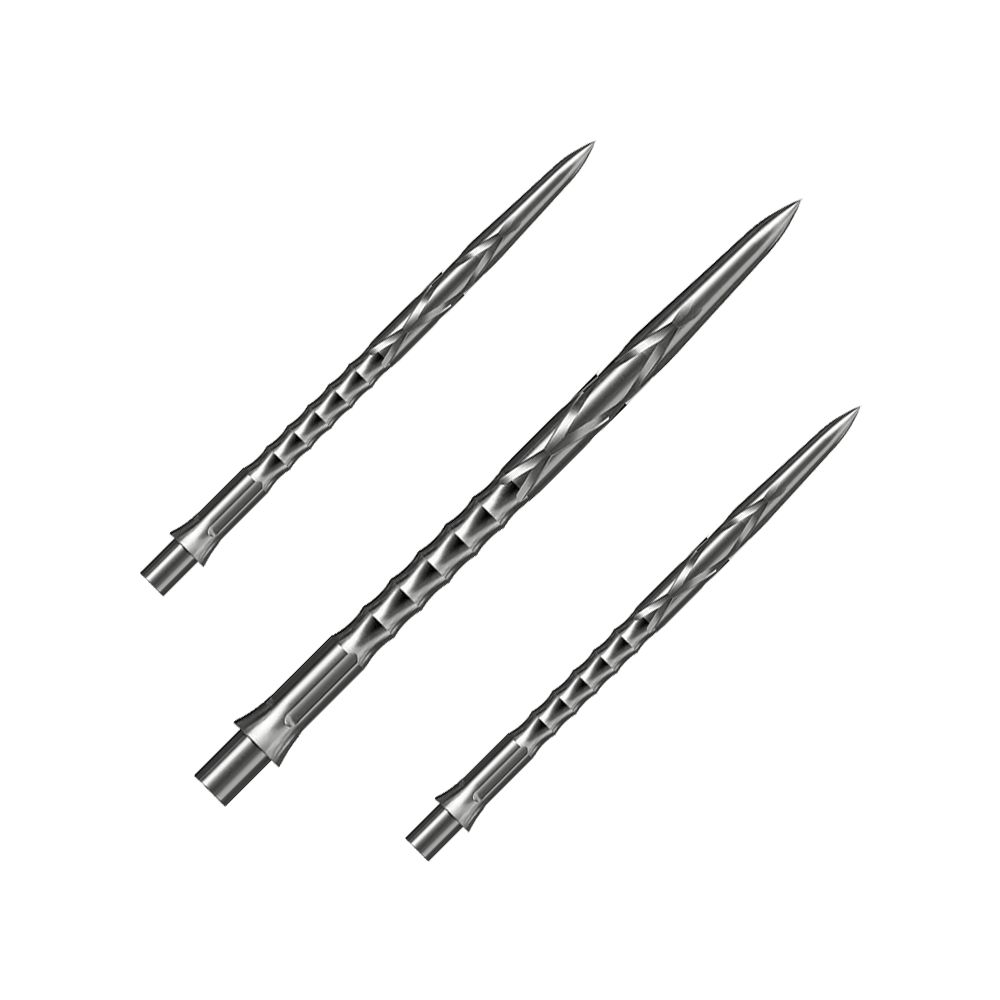 Das Bild präsentiert ein Set Caliburn Evo System Steeldartspitzen, HAN G2, Silber, 40mm. Das Set enthält mehrere Spitzen für Steeldarts.