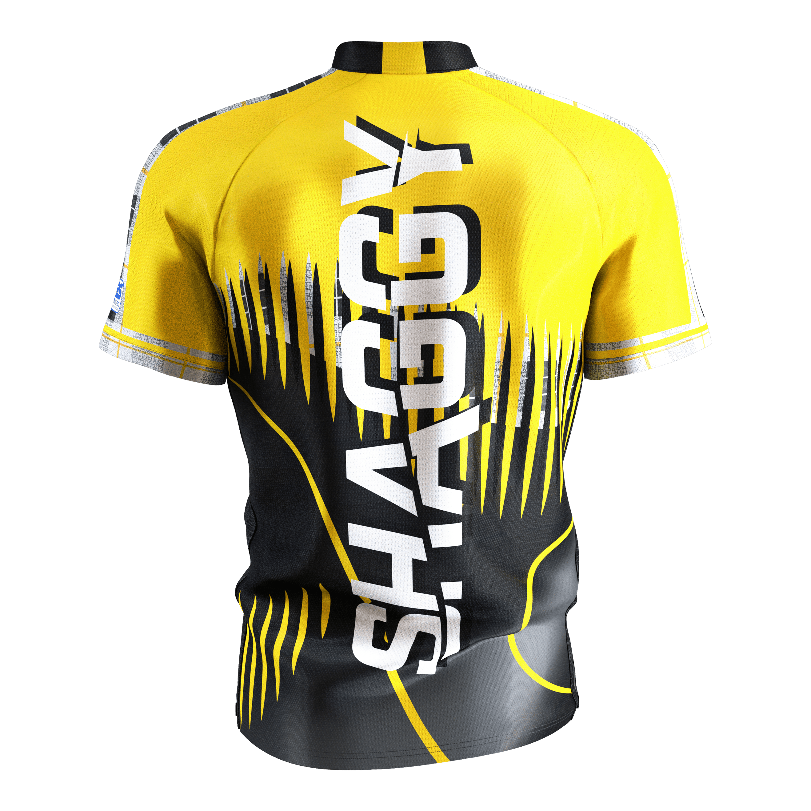 Camiseta de dardos Target Coolplay Scott Williams 2025 Das Bild zeigt ein gelb-schwarzes Dartshirt mit dem großen weißen Schriftzug "SHAGGY" auf der Rückseite. Das Shirt hat ein auffälliges, modernes Design mit dynamischen Linien und Mustern.
