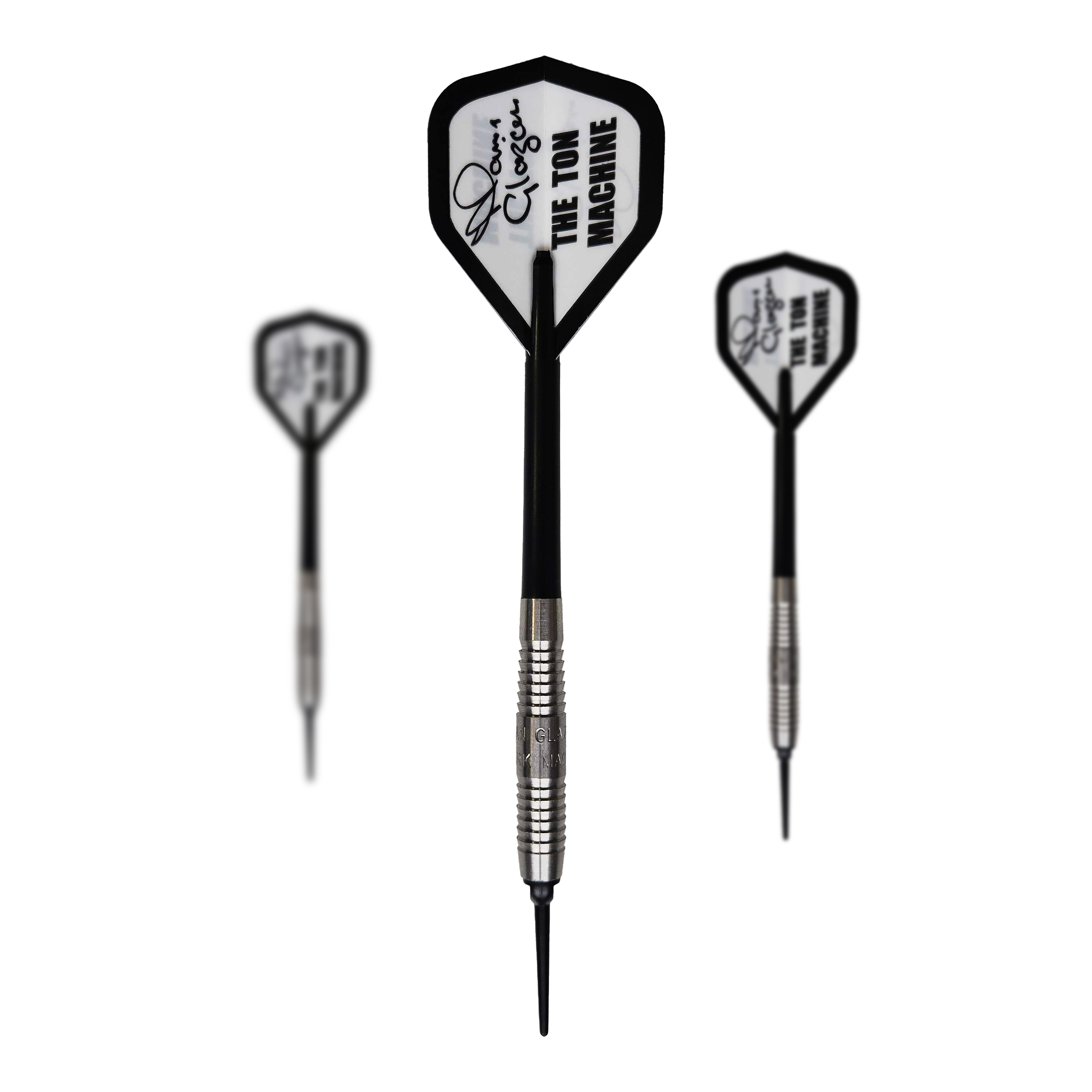 Dardos blandos McKicks Alam Glazier Shark Machine Das Bild zeigt drei Softdarts des Produkts "McKicks Alam Glazier Shark Machine". Die Darts haben silberne Griffe und weiße Flights mit der Aufschrift "THE TON MACHINE".