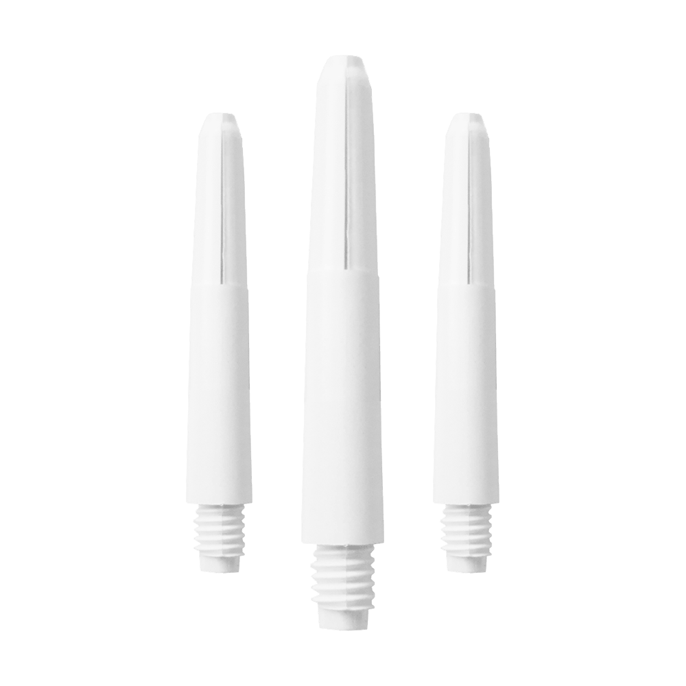 581_Nylon_Shafts_Schneeweiss_35mm_1qNc3M5fQ81IAP Das Bild zeigt drei weiße Nylon-Schäfte mit Gewinde. Sie sind gleichmäßig angeordnet und tragen den Namen "Schneeweiß".