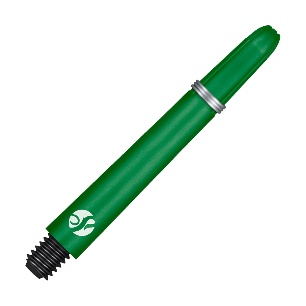 Flechas de carbono Shot Koi - Verde Dies ist ein grüner Dart-Schaft mit einem Metallring und einem schwarzen Gewinde. Er hat ein weißes Logo am unteren Ende.