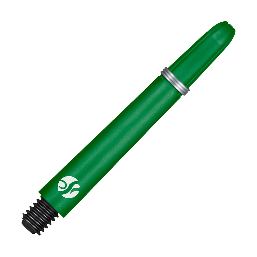 Flechas de carbono Shot Koi - Verde Zwei Dart-Schäfte mit strukturiertem Kopf werden nebeneinander gezeigt. Die Aufnahme betont die Länge der Schäfte.