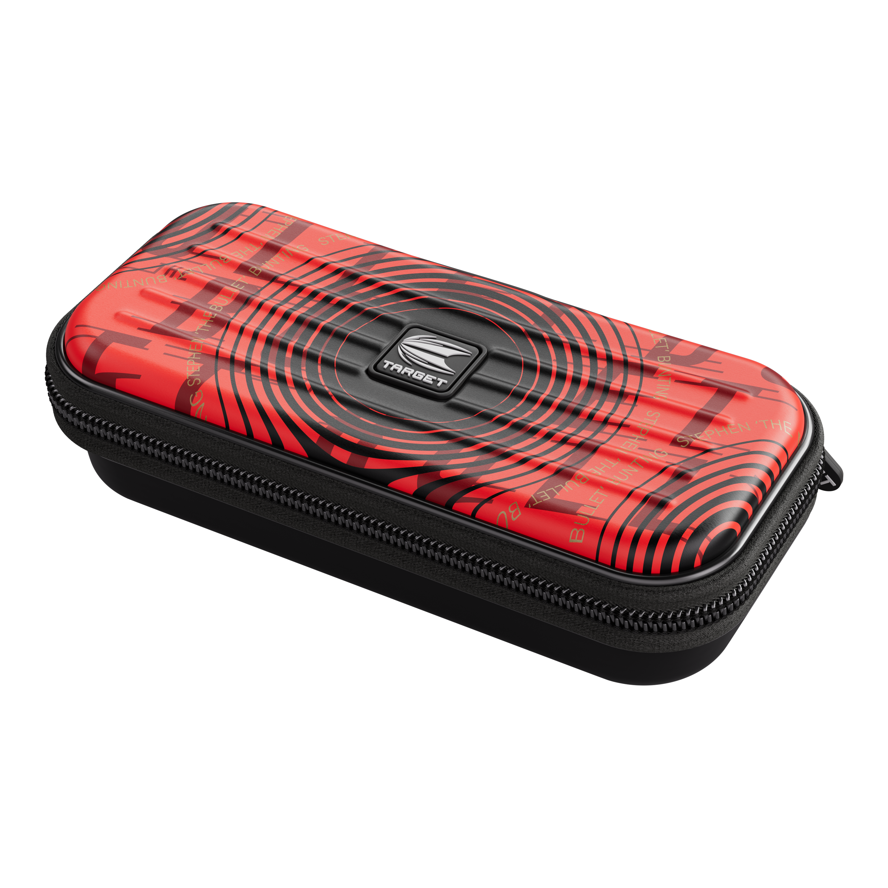 Estuche para dardos Target Takoma Stephen Bunting Das Bild zeigt das Produkt "Target Takoma Stephen Bunting Dartcase". Das Etui ist rot mit schwarzen Kreisen und hat einen Reißverschluss.